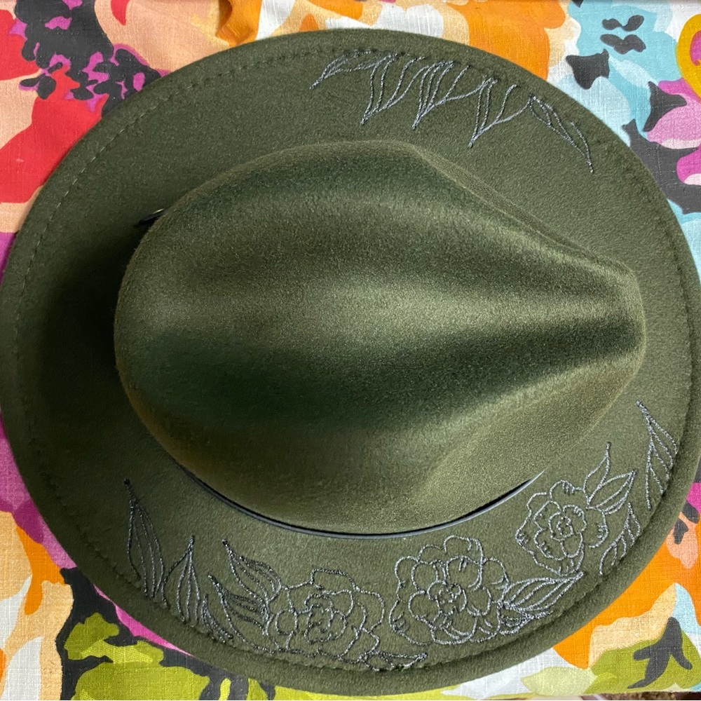 Felt hat dark green free hand wood burned